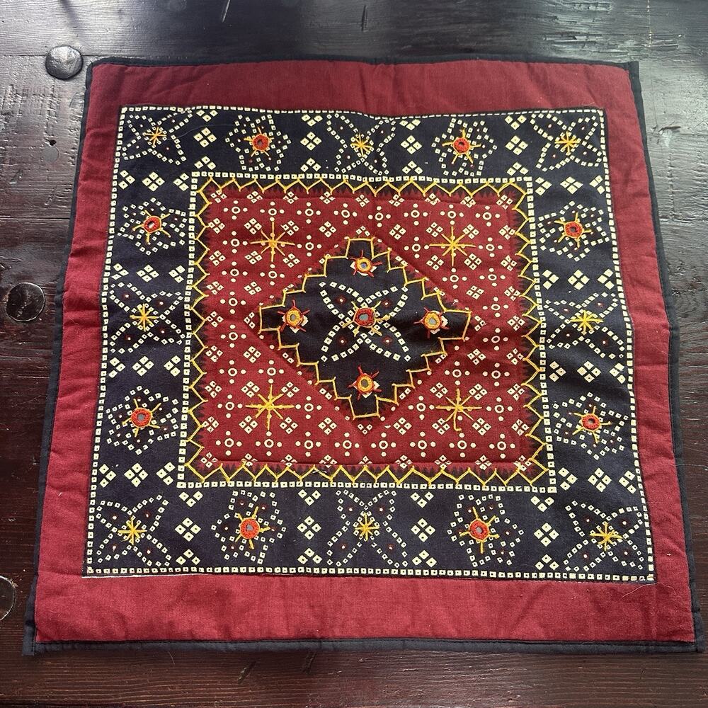 Vtg Bohemian Pillow Cover Sham Burgundy Cotton 16"X16" Sequin Embroidered Square